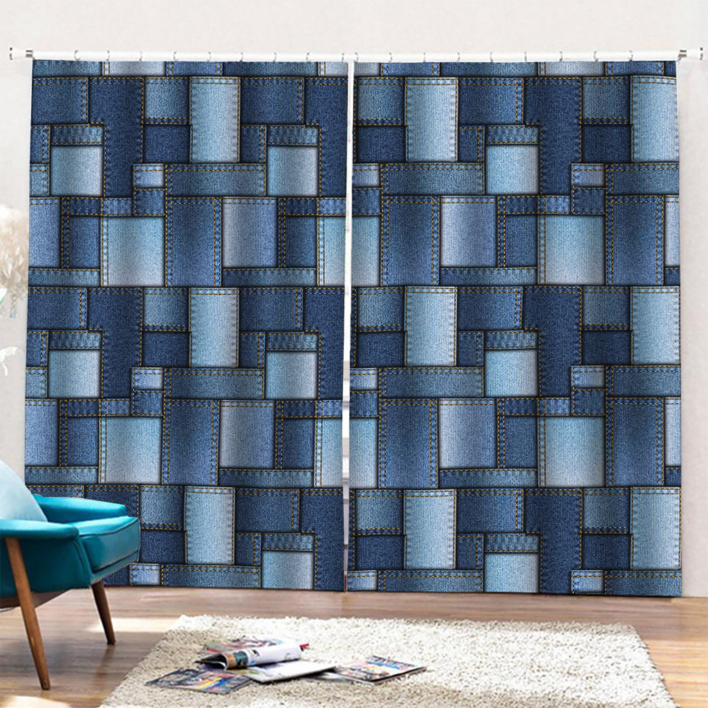 Blue Denim Patchwork Pattern Print Pencil Pleat Curtains