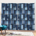 Blue Denim Patchwork Pattern Print Pencil Pleat Curtains