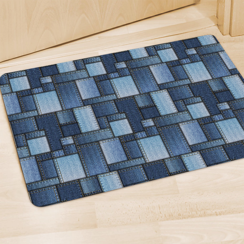 Blue Denim Patchwork Pattern Print Polyester Doormat