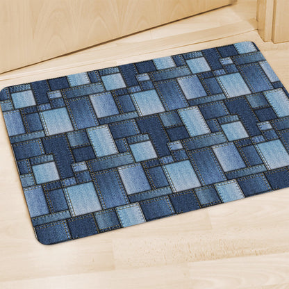 Blue Denim Patchwork Pattern Print Polyester Doormat