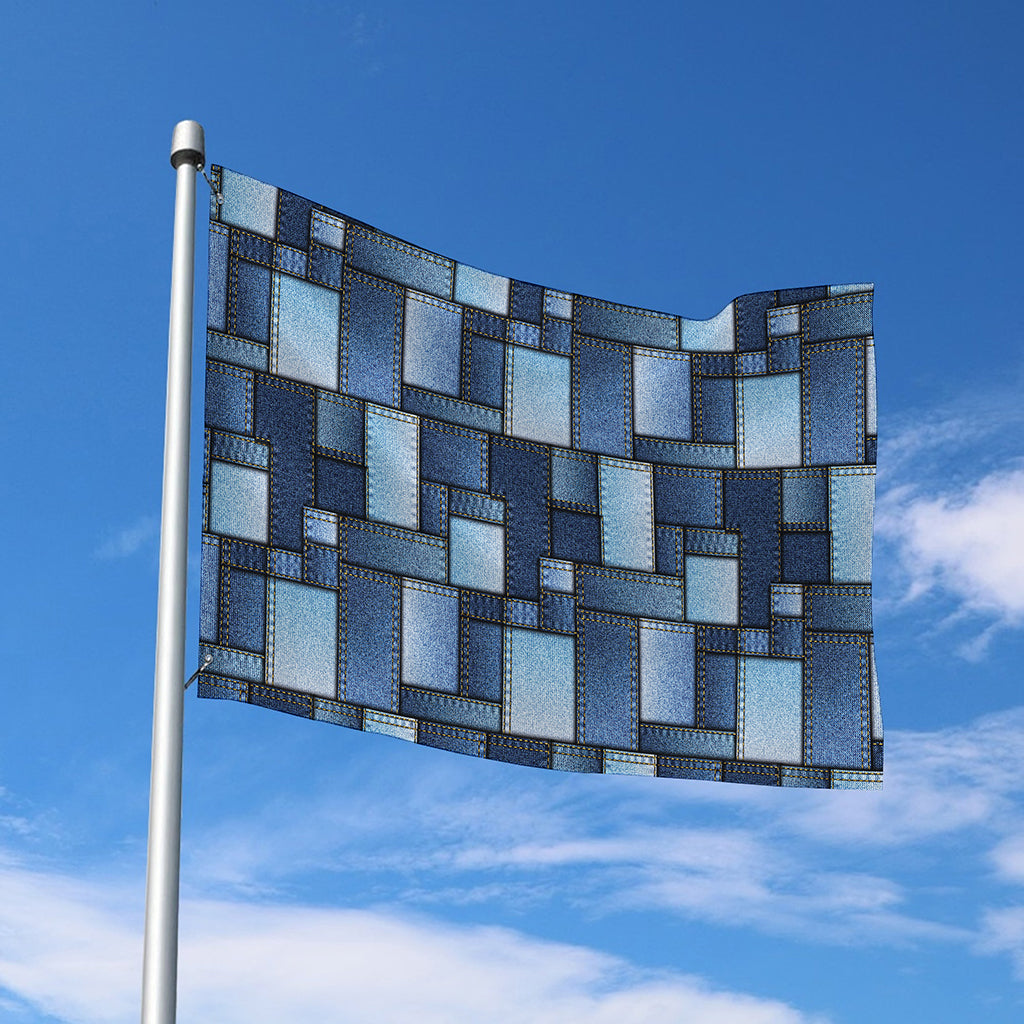 Blue Denim Patchwork Pattern Print Polyester Flag