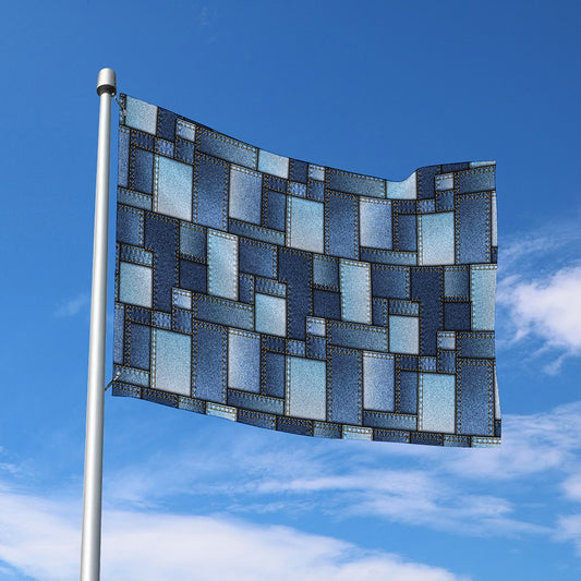 Blue Denim Patchwork Pattern Print Polyester Flag