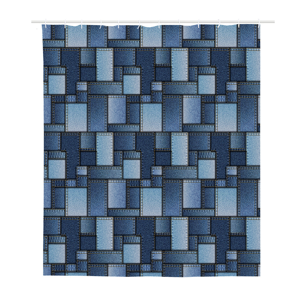 Blue Denim Patchwork Pattern Print Polyester Shower Curtain