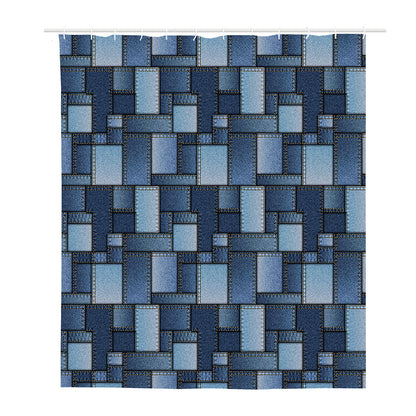 Blue Denim Patchwork Pattern Print Polyester Shower Curtain