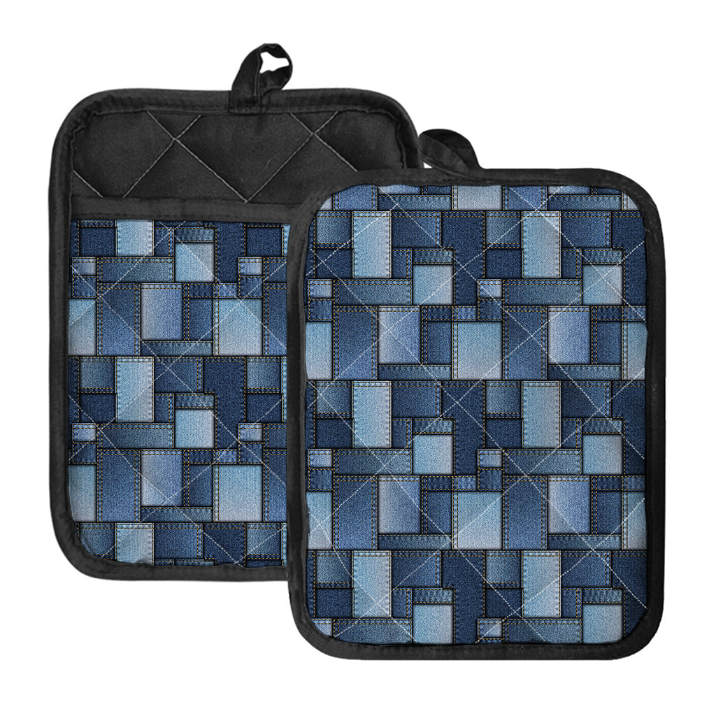 Blue Denim Patchwork Pattern Print Pot Holders With Pocket