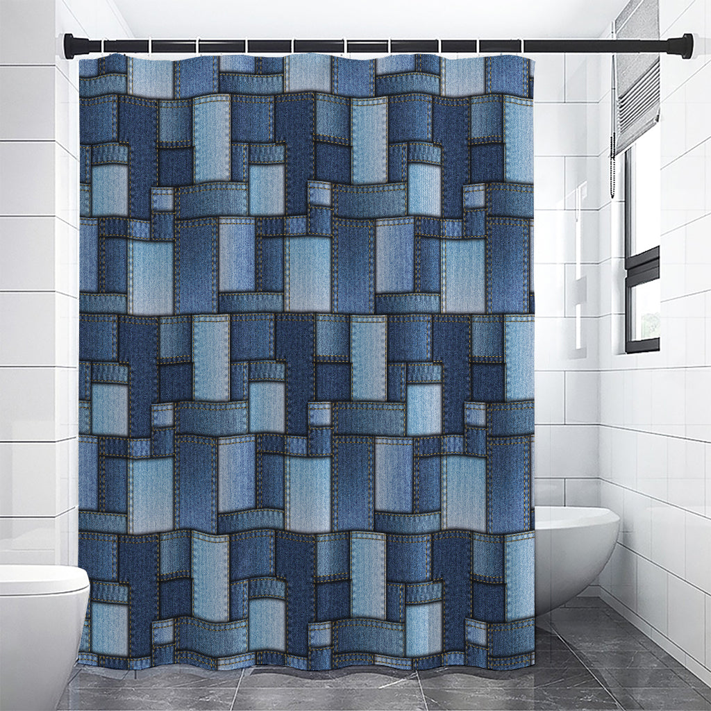 Blue Denim Patchwork Pattern Print Premium Shower Curtain