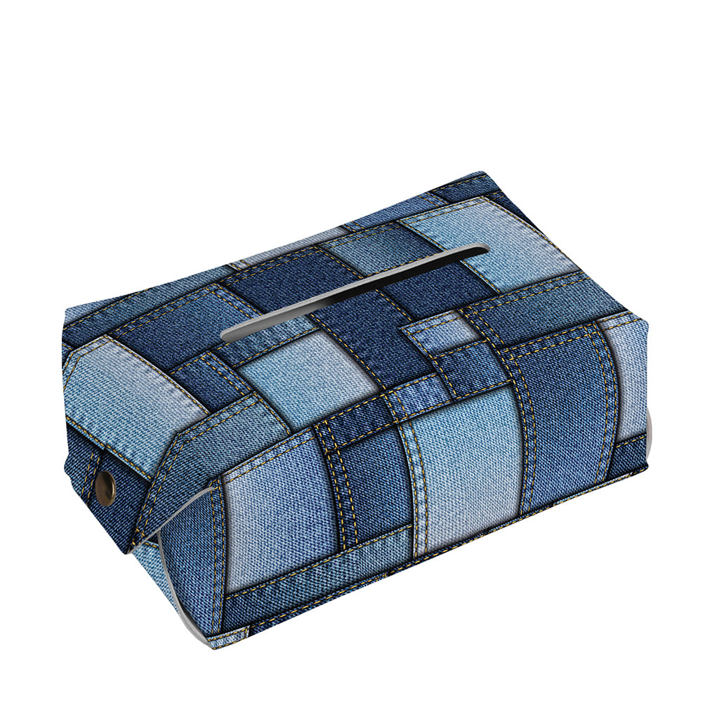 Blue Denim Patchwork Pattern Print Rectangle Tissue Box Cover