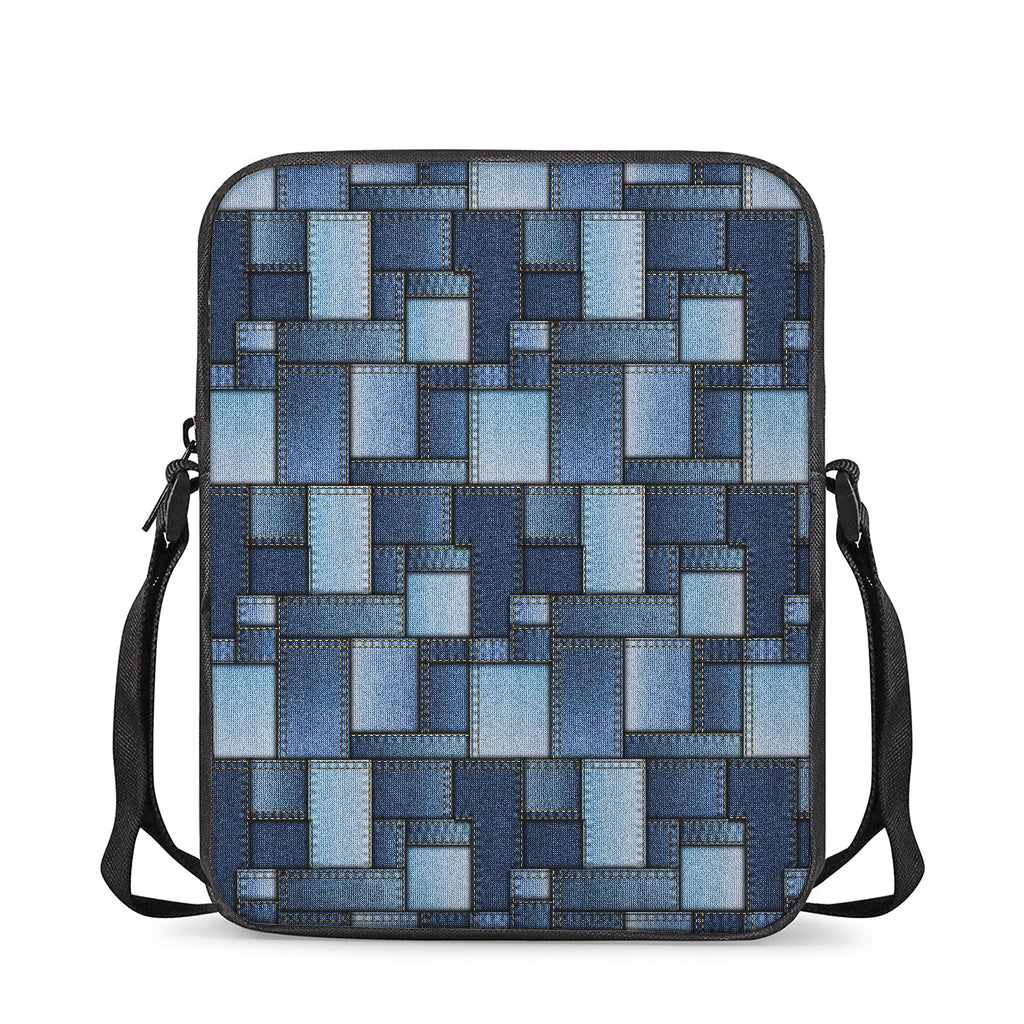 Blue Denim Patchwork Pattern Print Rectangular Crossbody Bag