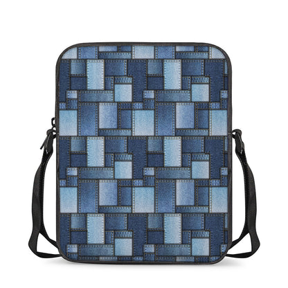 Blue Denim Patchwork Pattern Print Rectangular Crossbody Bag