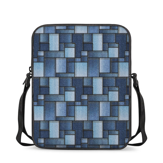 Blue Denim Patchwork Pattern Print Rectangular Crossbody Bag