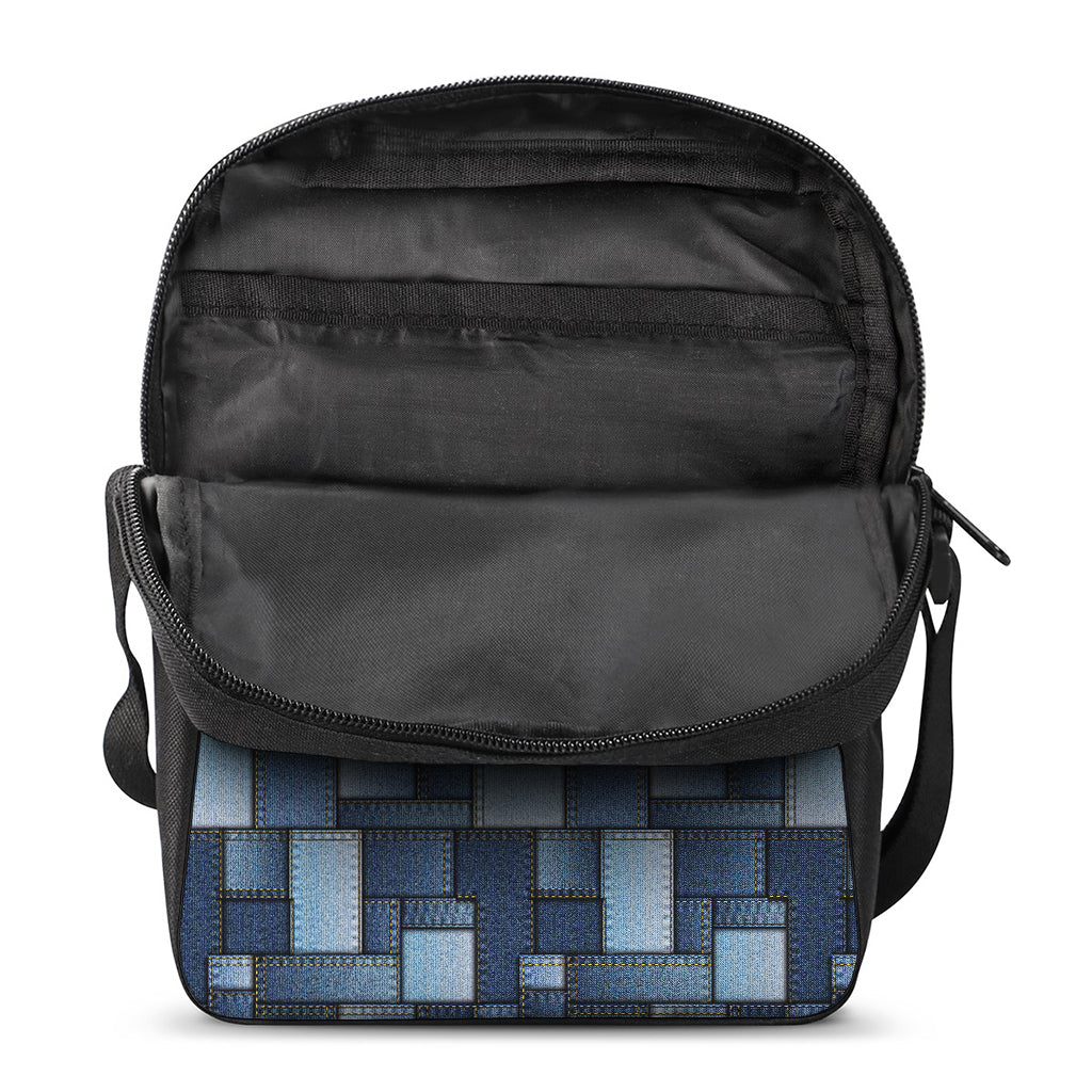 Blue Denim Patchwork Pattern Print Rectangular Crossbody Bag