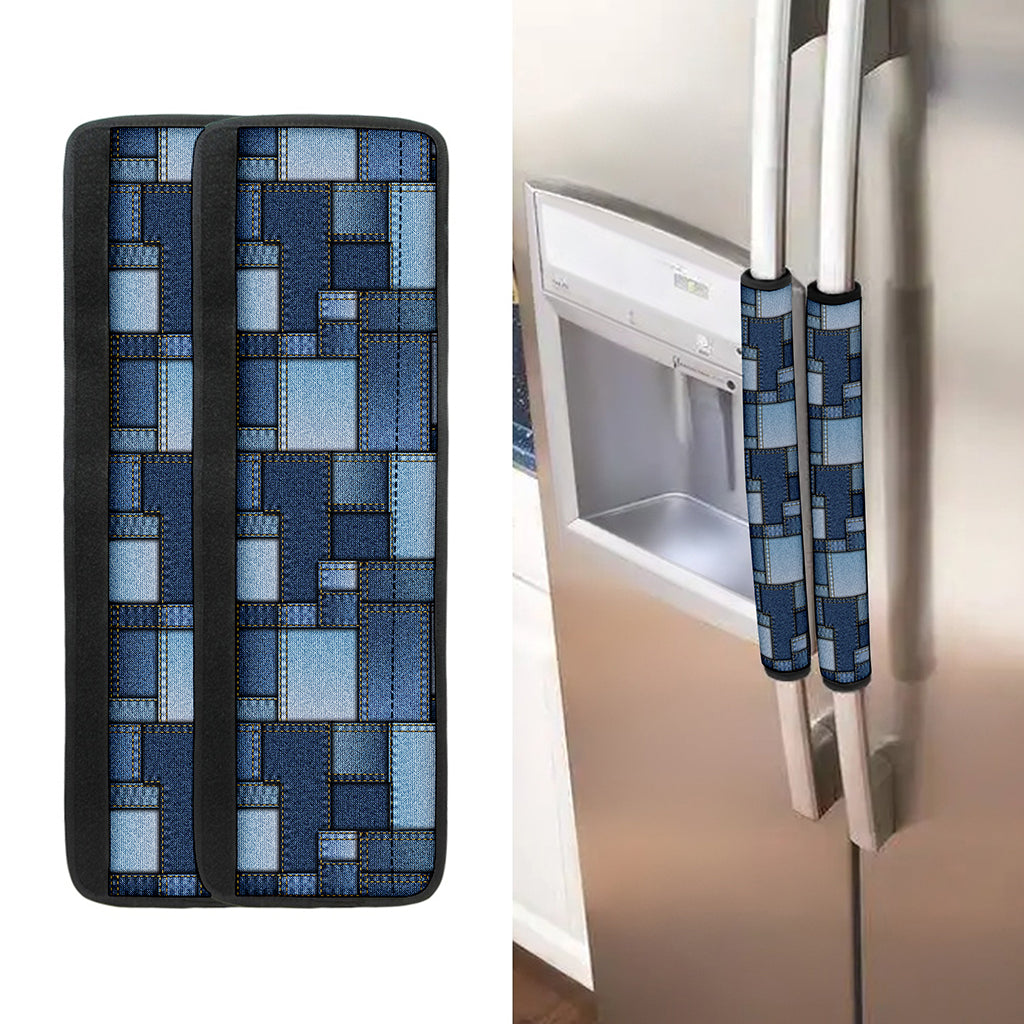 Blue Denim Patchwork Pattern Print Refrigerator Handle Covers