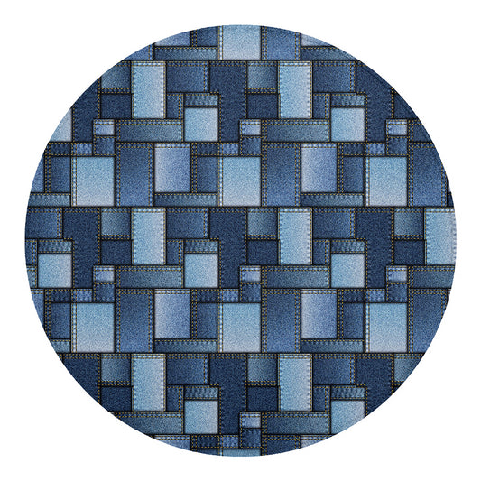 Blue Denim Patchwork Pattern Print Round Blanket