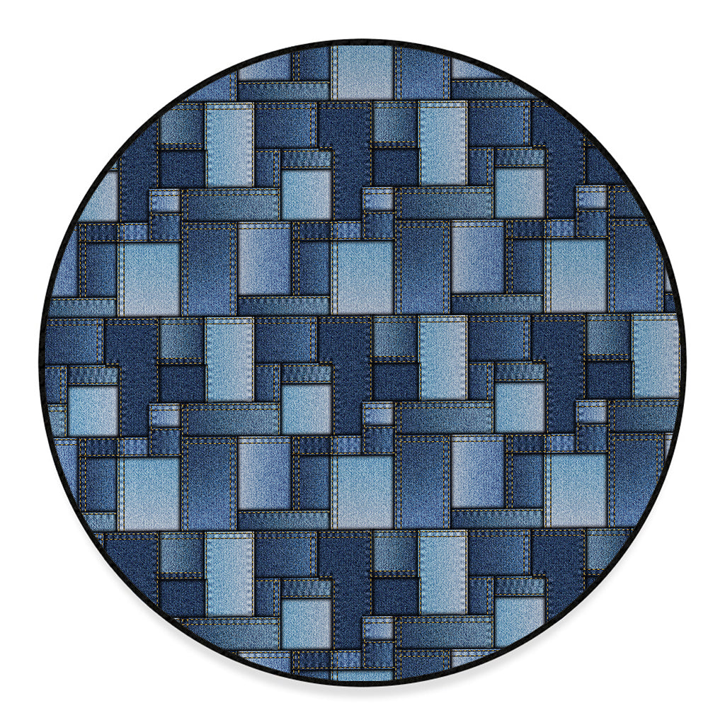 Blue Denim Patchwork Pattern Print Round Floor Mat