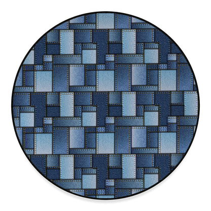 Blue Denim Patchwork Pattern Print Round Floor Mat