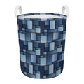 Blue Denim Patchwork Pattern Print Round Laundry Basket