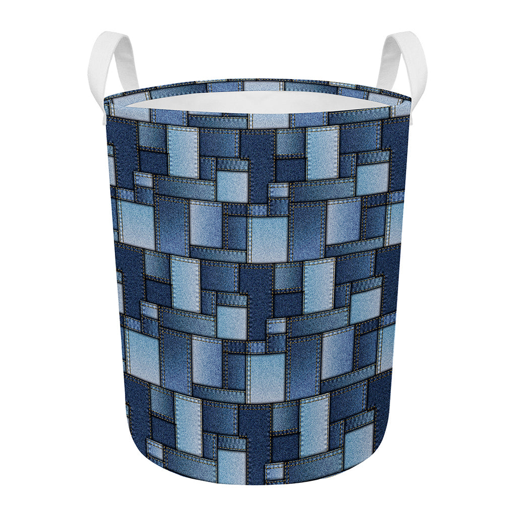 Blue Denim Patchwork Pattern Print Round Laundry Basket
