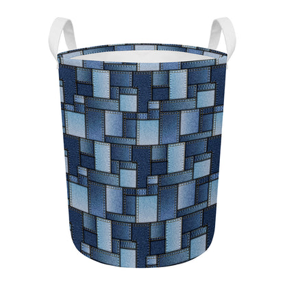 Blue Denim Patchwork Pattern Print Round Laundry Basket
