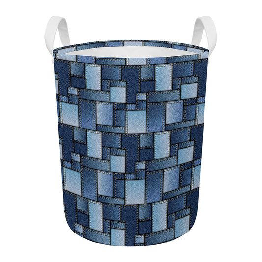 Blue Denim Patchwork Pattern Print Round Laundry Basket