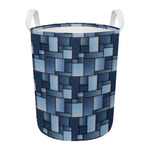 Blue Denim Patchwork Pattern Print Round Laundry Basket