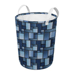 Blue Denim Patchwork Pattern Print Round Laundry Basket