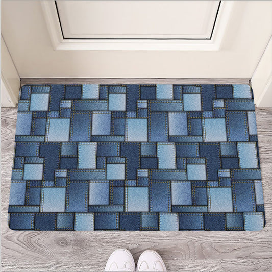 Blue Denim Patchwork Pattern Print Rubber Doormat