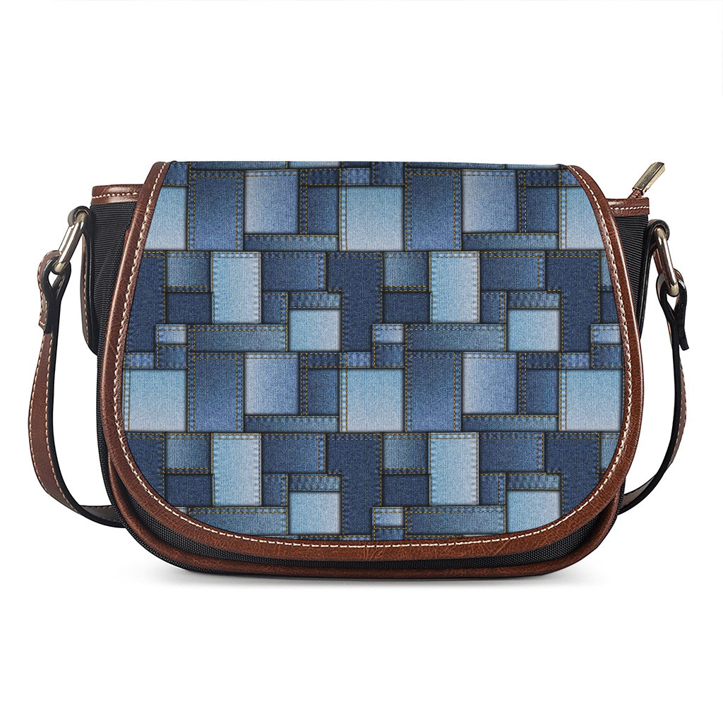 Blue Denim Patchwork Pattern Print Saddle Bag