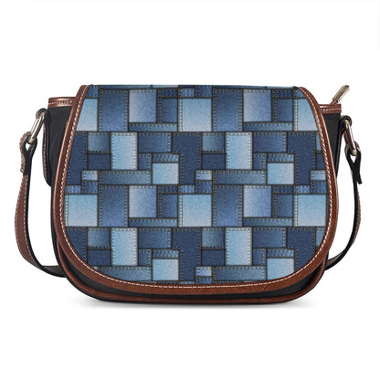 Blue Denim Patchwork Pattern Print Saddle Bag