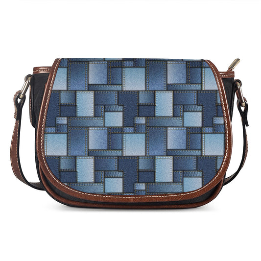 Blue Denim Patchwork Pattern Print Saddle Bag