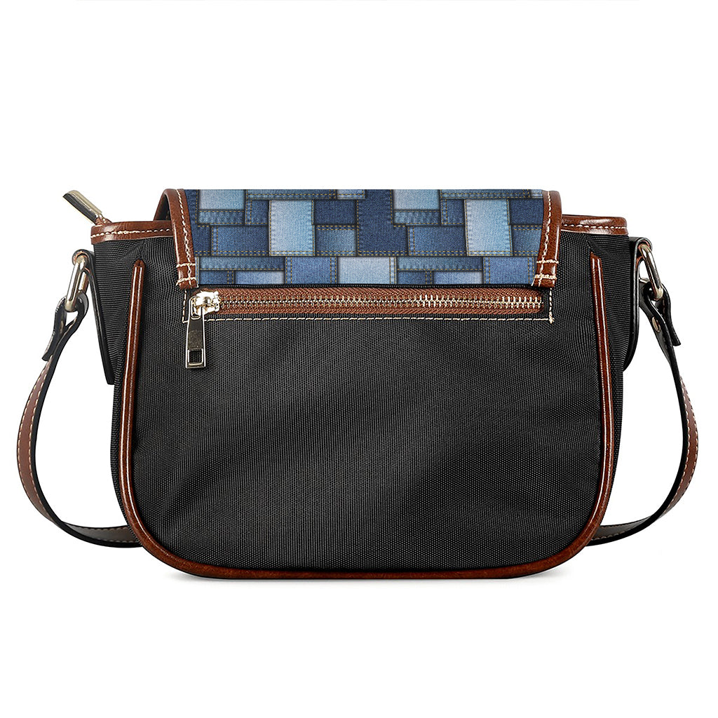 Blue Denim Patchwork Pattern Print Saddle Bag