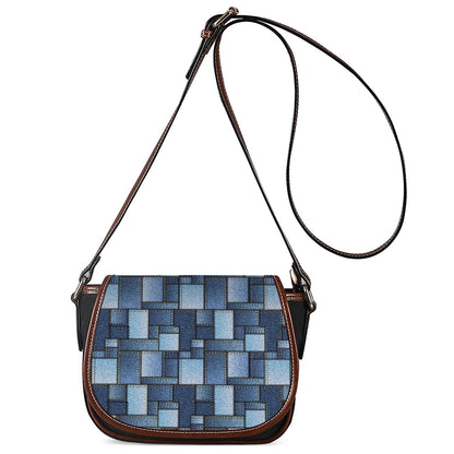 Blue Denim Patchwork Pattern Print Saddle Bag