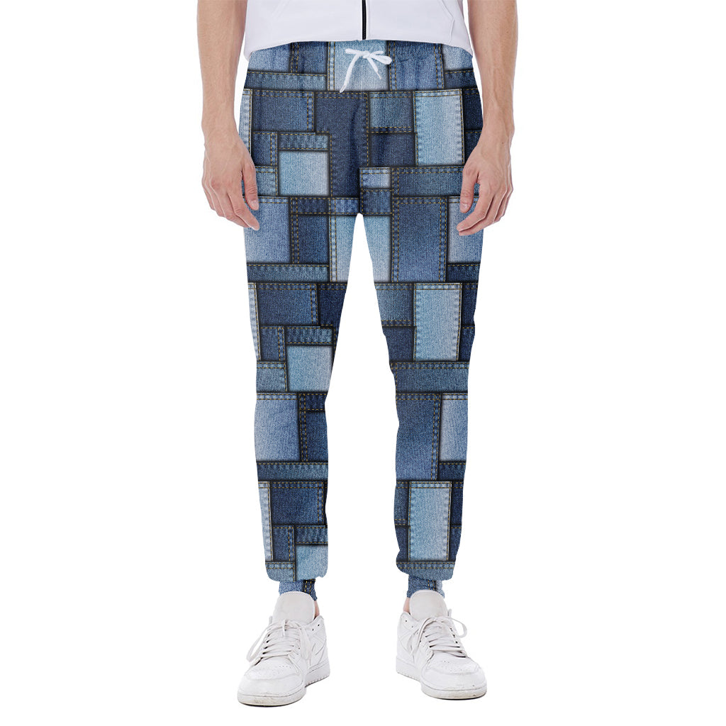Blue Denim Patchwork Pattern Print Scuba Joggers