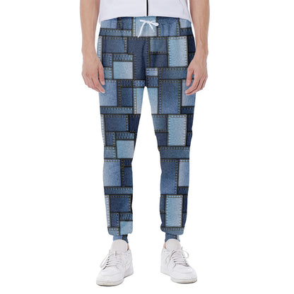 Blue Denim Patchwork Pattern Print Scuba Joggers