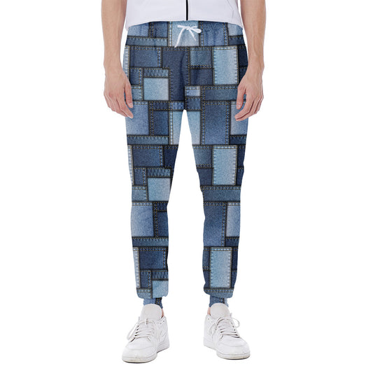 Blue Denim Patchwork Pattern Print Scuba Joggers