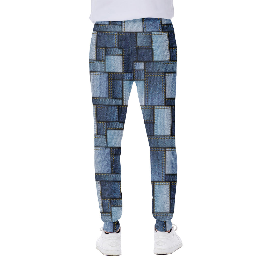 Blue Denim Patchwork Pattern Print Scuba Joggers