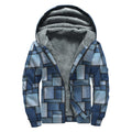 Blue Denim Patchwork Pattern Print Sherpa Lined Zip Up Hoodie