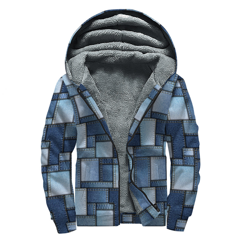 Blue Denim Patchwork Pattern Print Sherpa Lined Zip Up Hoodie