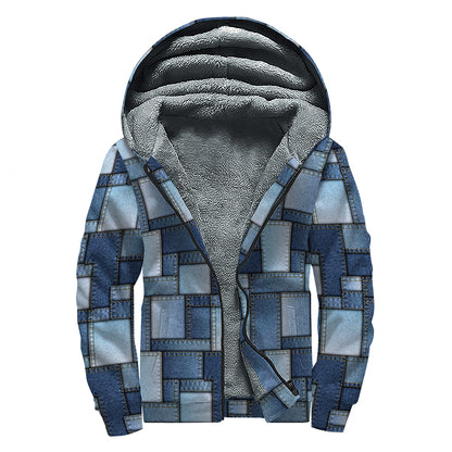 Blue Denim Patchwork Pattern Print Sherpa Lined Zip Up Hoodie