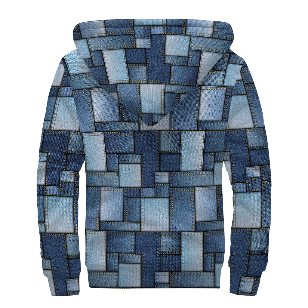 Blue Denim Patchwork Pattern Print Sherpa Lined Zip Up Hoodie