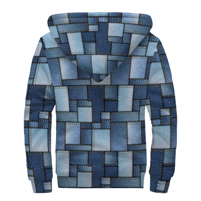 Blue Denim Patchwork Pattern Print Sherpa Lined Zip Up Hoodie