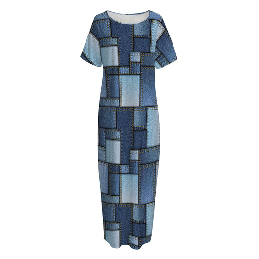 Blue Denim Patchwork Pattern Print Short Sleeve Long Nightdress