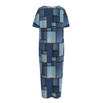 Blue Denim Patchwork Pattern Print Short Sleeve Long Nightdress