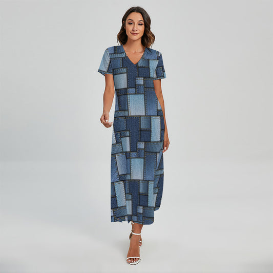 Blue Denim Patchwork Pattern Print Short Sleeve Maxi Dress
