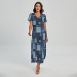 Blue Denim Patchwork Pattern Print Short Sleeve Maxi Dress