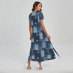 Blue Denim Patchwork Pattern Print Short Sleeve Maxi Dress