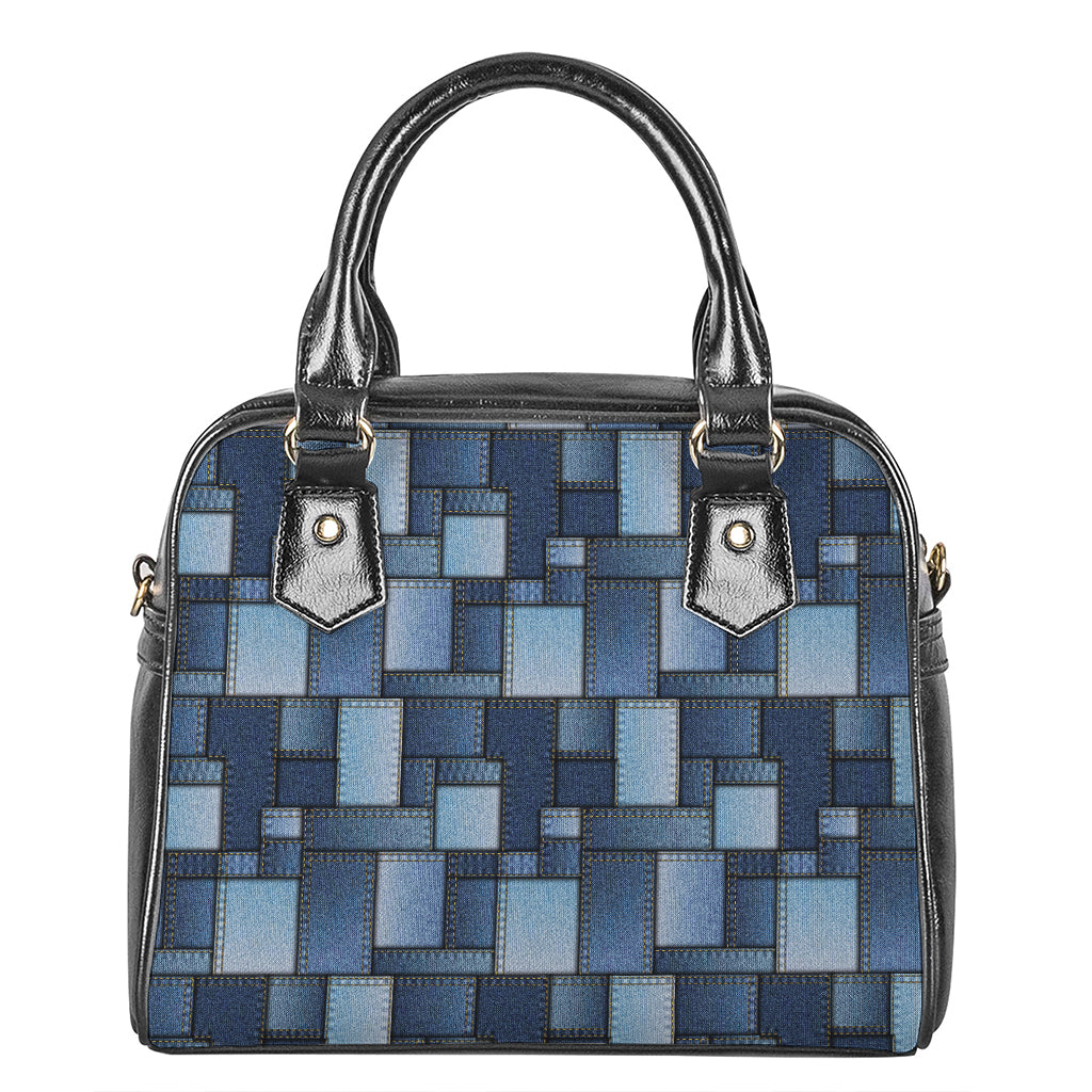 Blue Denim Patchwork Pattern Print Shoulder Handbag