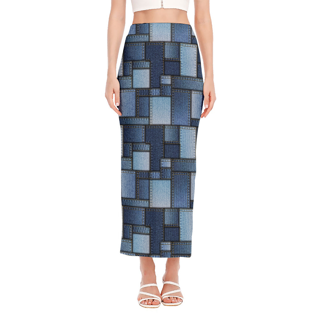 Blue Denim Patchwork Pattern Print Side Slit Maxi Skirt