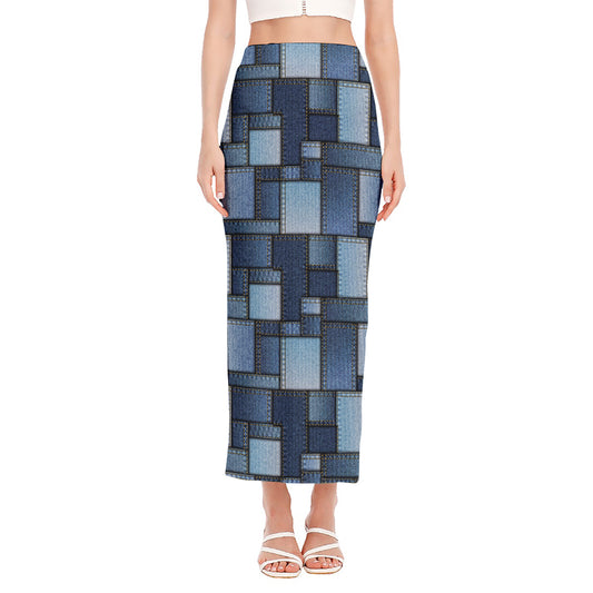Blue Denim Patchwork Pattern Print Side Slit Maxi Skirt
