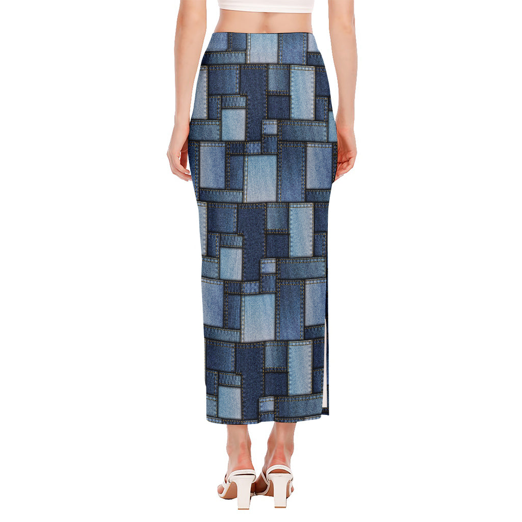 Blue Denim Patchwork Pattern Print Side Slit Maxi Skirt