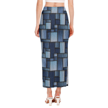 Blue Denim Patchwork Pattern Print Side Slit Maxi Skirt
